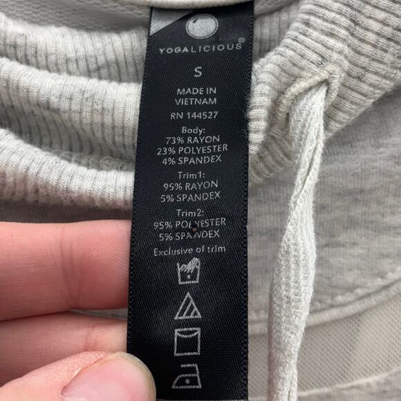 Yogalicious Gray Lightweight Mesh Trim Crossover Back Long Sleeve Hoodie Shirt - Picture 2 of 12